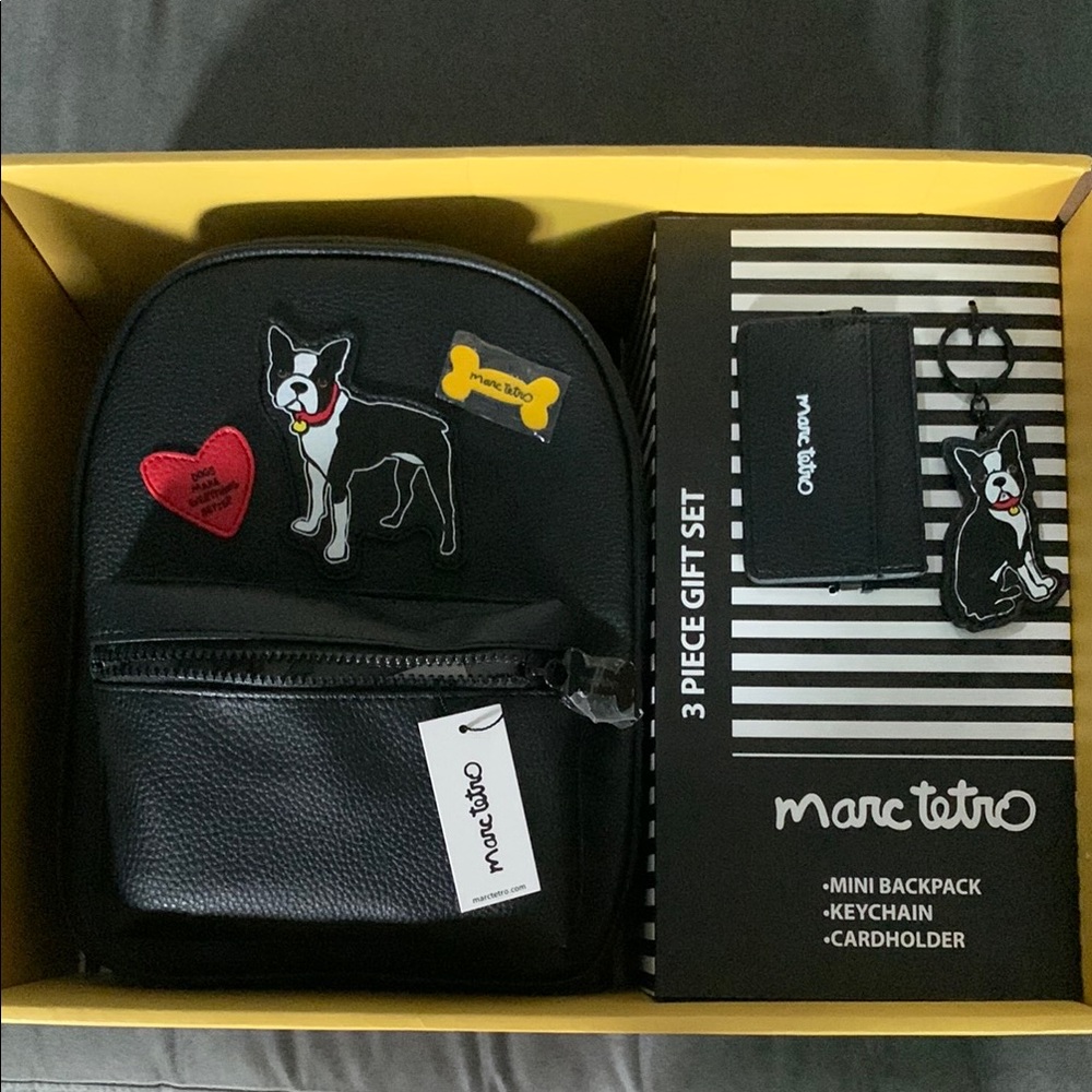 NWT in Box Marc Tetro Black Backpack Set with French BullDog Print